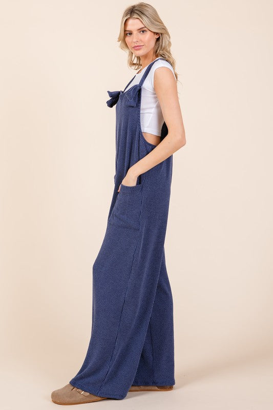 Blue Zone Planet | BOMBOM Knot Straps Wide Leg Ribbed Overalls with Pockets-BOTTOMS SIZES SMALL MEDIUM LARGE-[Adult]-[Female]-2022 Online Blue Zone Planet