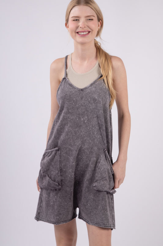 VERY J V-Neck Sleeveless Washed Romper-TOPS / DRESSES-[Adult]-[Female]-Black-S-2022 Online Blue Zone Planet