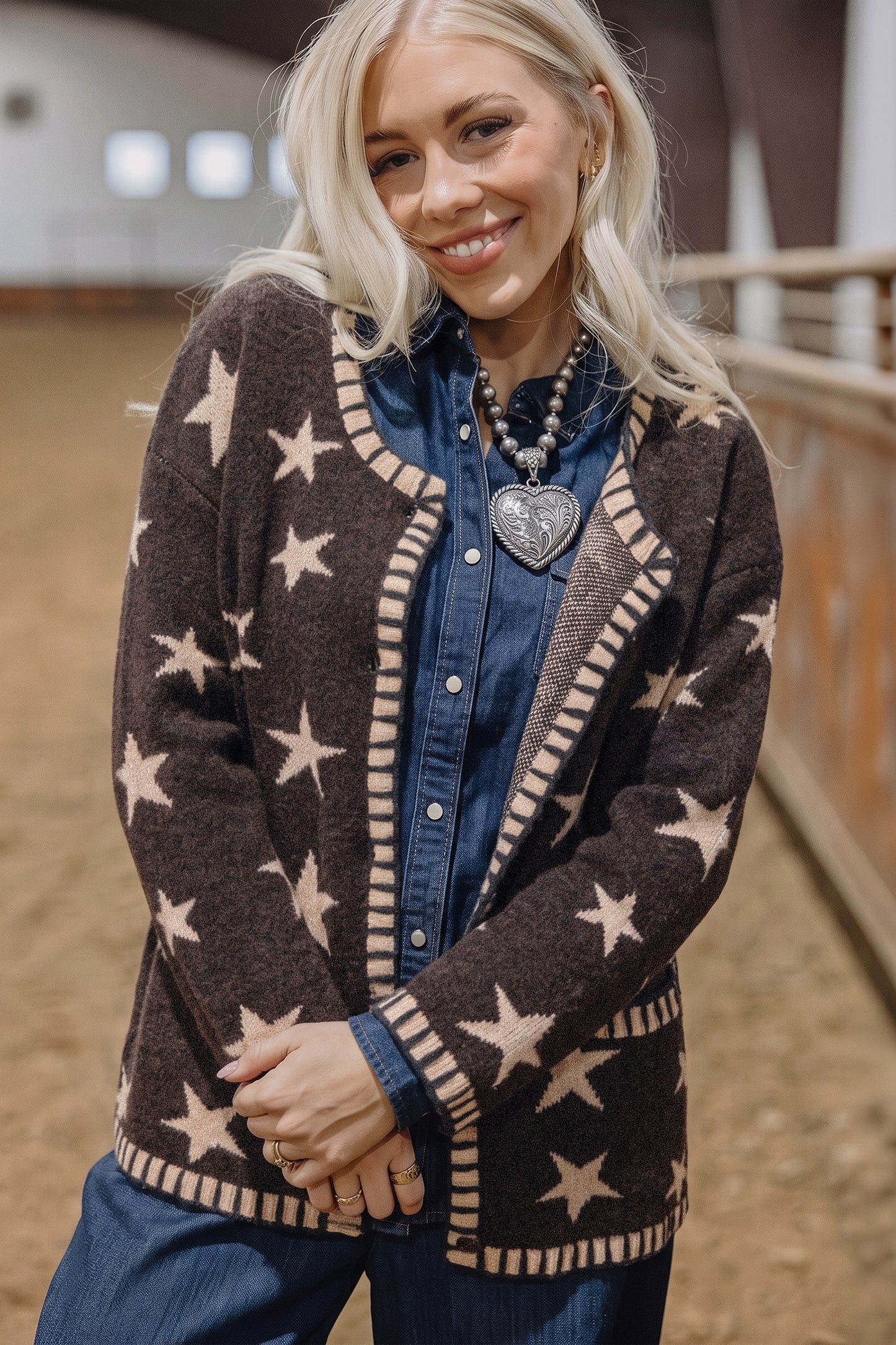 Brown Stars Pattern Colorblock Long Sleeve Shift Cardigan-Sweaters & Cardigans/Cardigans-[Adult]-[Female]-2022 Online Blue Zone Planet