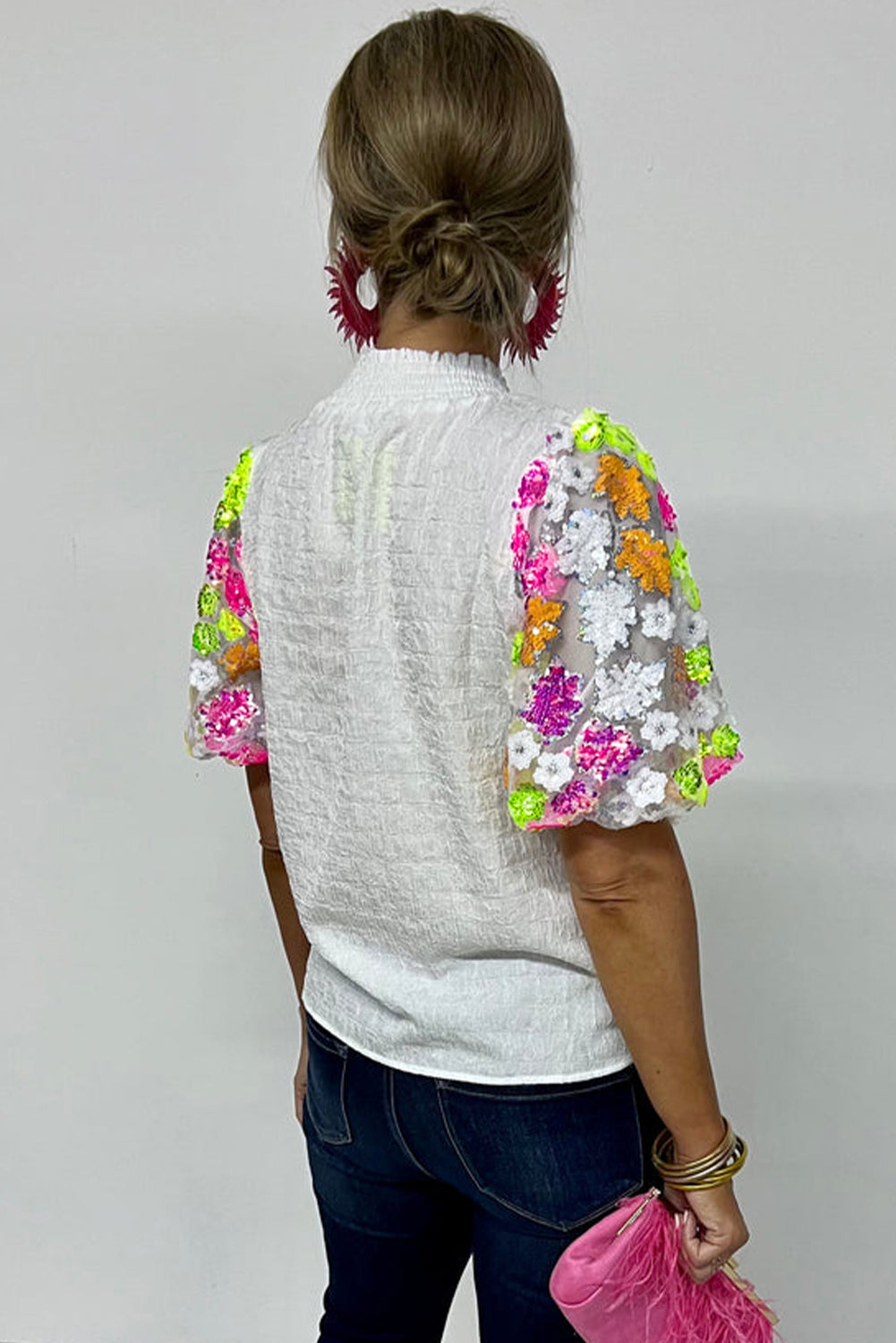 White Smocked Collar Sequin Flower Puff Sleeve Textured Top-Tops/Tops & Tees-[Adult]-[Female]-2022 Online Blue Zone Planet
