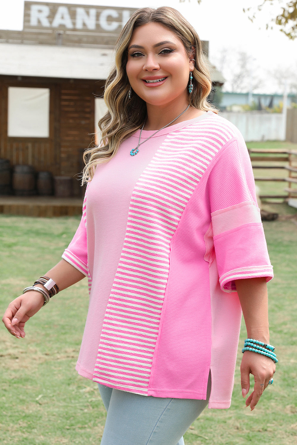 Pink Stripe Patchwork Colorblock Plus Size T Shirt-Plus Size/Plus Size Tops/Plus Size Tops & Tees-[Adult]-[Female]-2022 Online Blue Zone Planet
