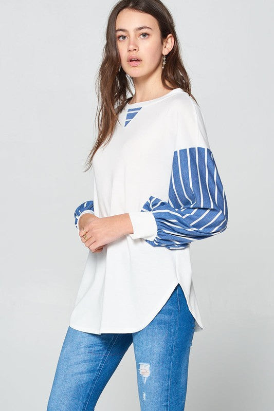 Blue Zone Planet | Super Lady Full Size French Terry Striped Long Sleeve Top-TOPS / DRESSES-[Adult]-[Female]-2022 Online Blue Zone Planet