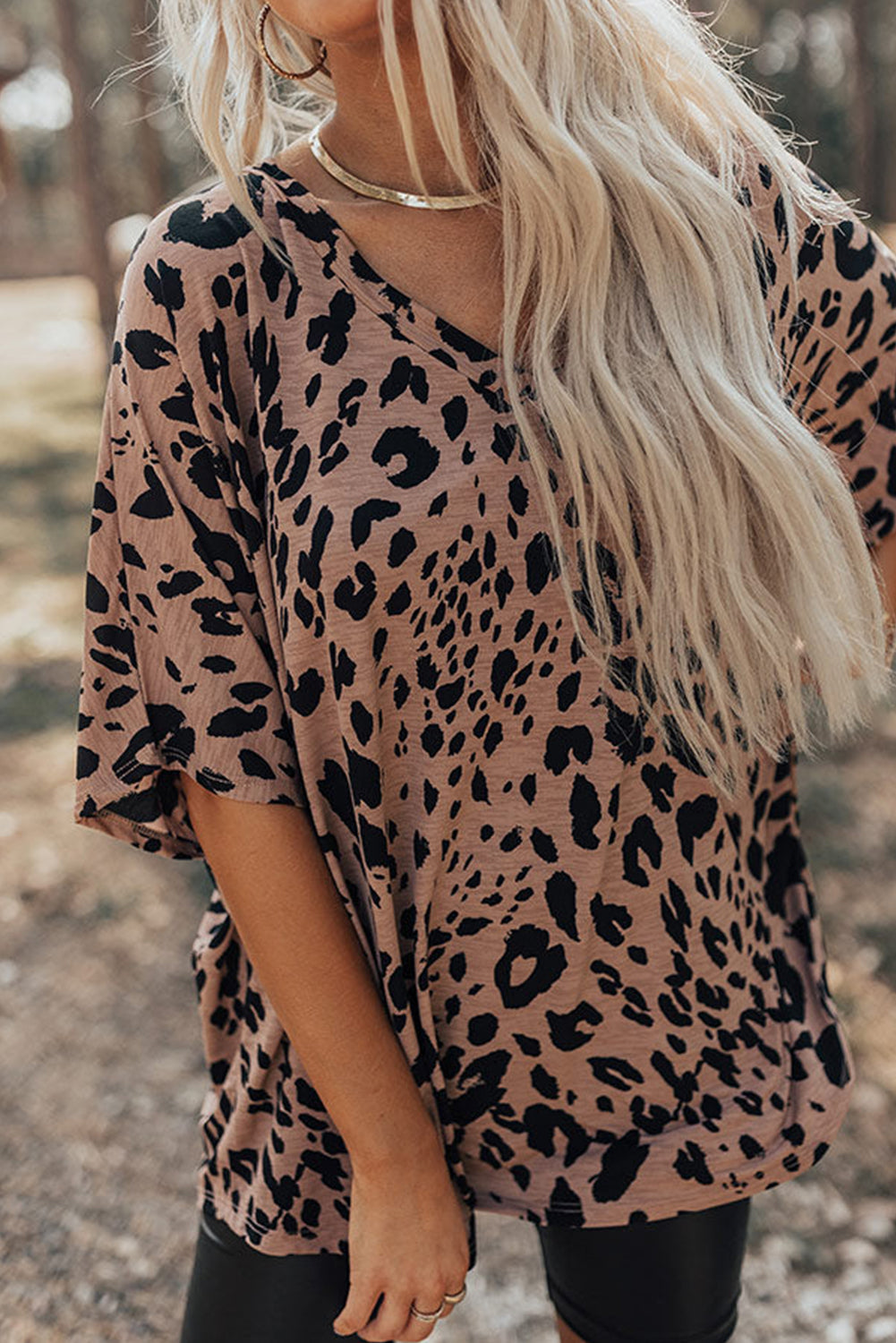 Brown Leopard Print V Neck Half Sleeve Oversized Tee-Tops/Tops & Tees-[Adult]-[Female]-Brown-S-2022 Online Blue Zone Planet