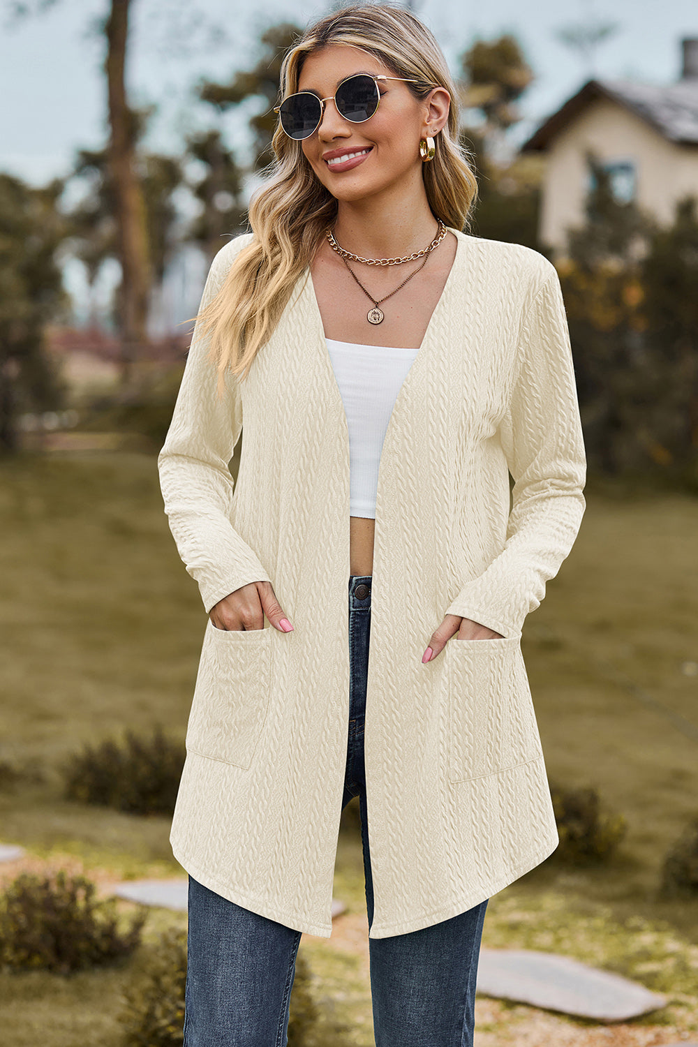 Open Front Long Sleeve Cardigan-TOPS / DRESSES-[Adult]-[Female]-Cream-S-2022 Online Blue Zone Planet