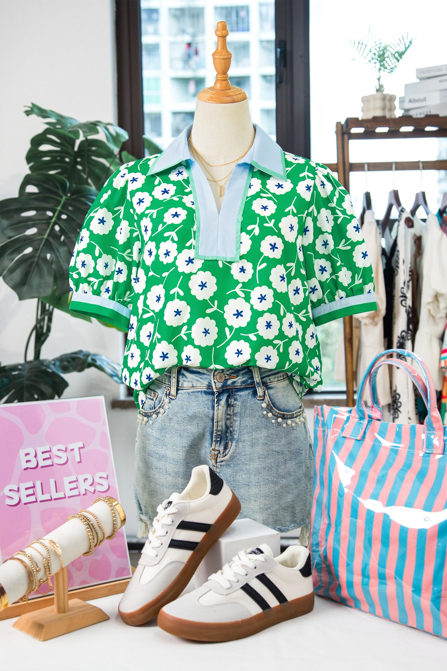 Green Flower Printed Contrast Patchwork Collar Short Sleeve Blouse-Tops/Blouses & Shirts-[Adult]-[Female]-2022 Online Blue Zone Planet