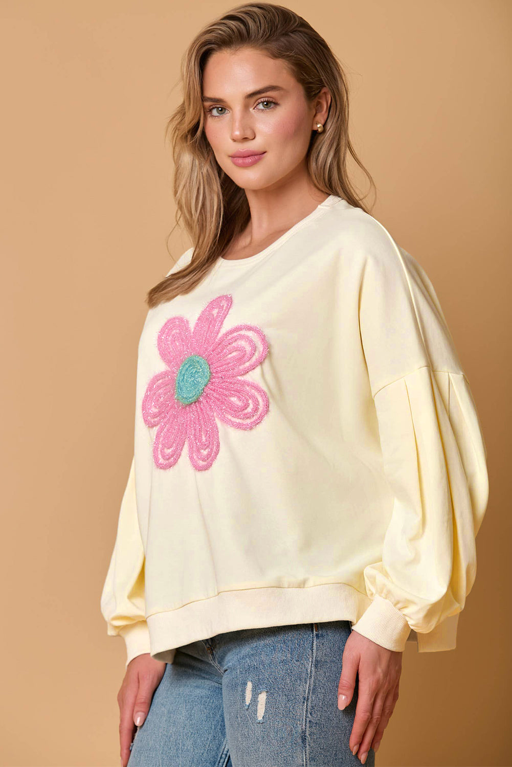 Blue Zone Planet | Beige Tinsel Flower Dropped Puff Sleeve Sweatshirt-Tops/Sweatshirts & Hoodies-[Adult]-[Female]-2022 Online Blue Zone Planet