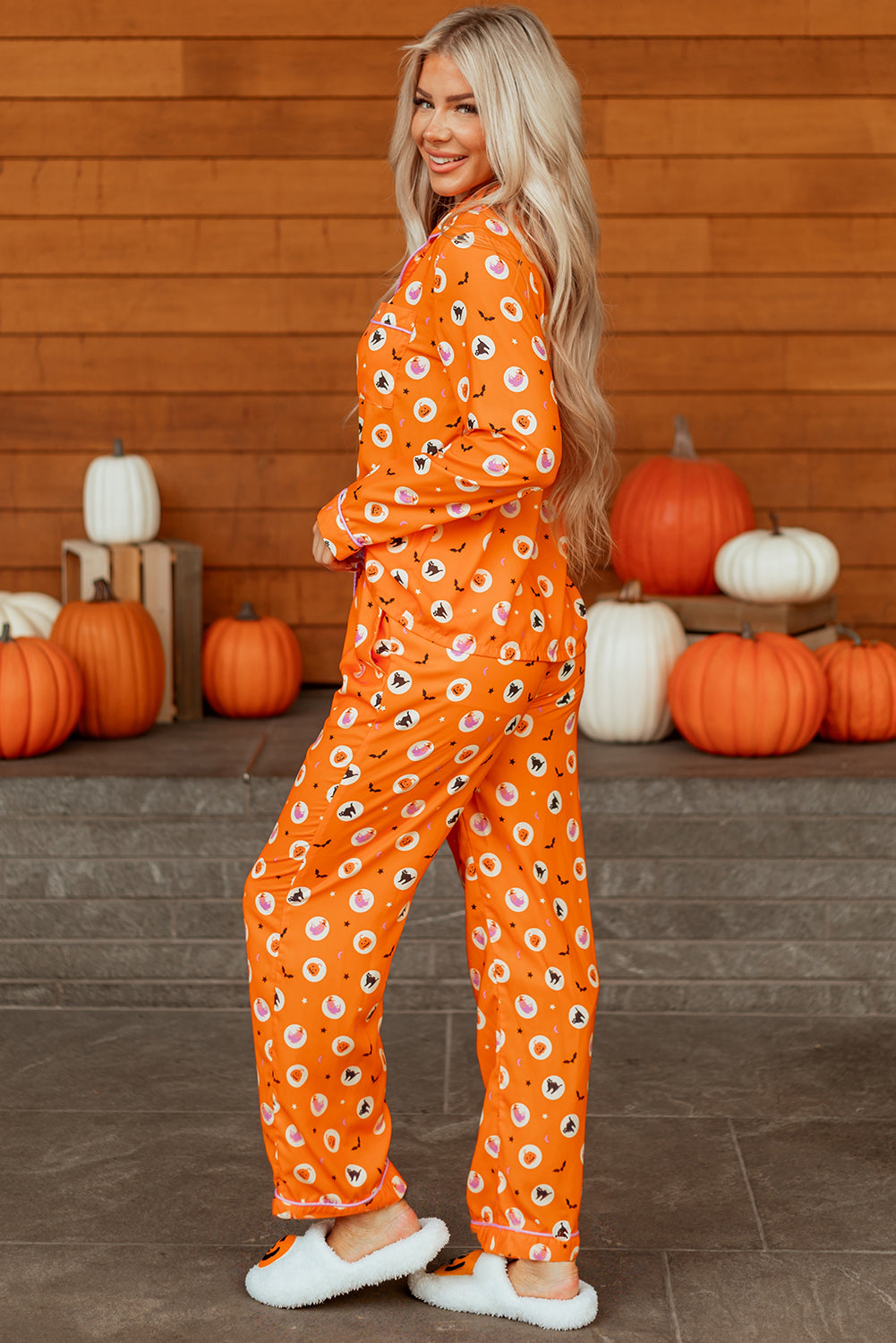 Orange Halloween Print Lapel Shirt Long 2pcs Pajama Set-Loungewear & Sleepwear/Sleepwear-[Adult]-[Female]-2022 Online Blue Zone Planet