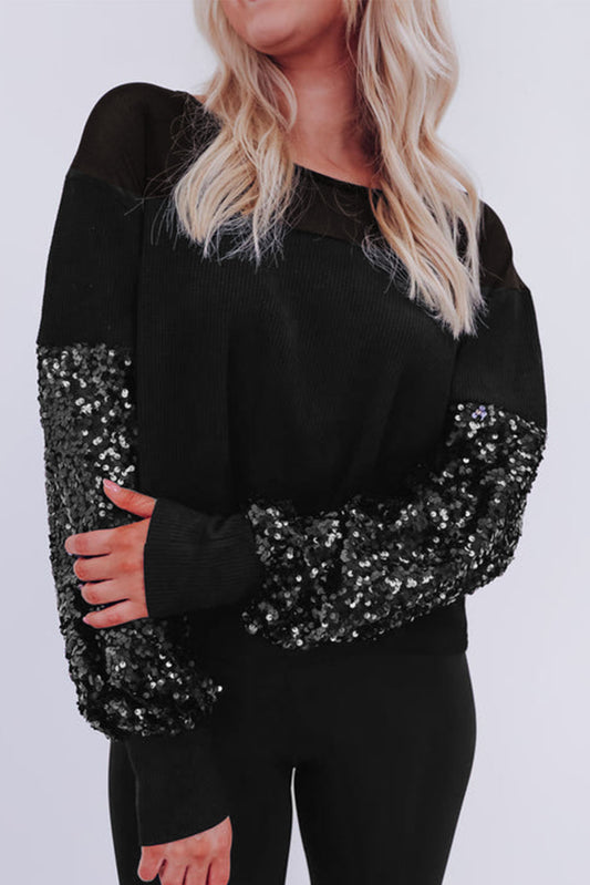 Black Sequin Patchwork Lantern Sleeve Blouse-Tops/Blouses & Shirts-[Adult]-[Female]-Black-S-2022 Online Blue Zone Planet