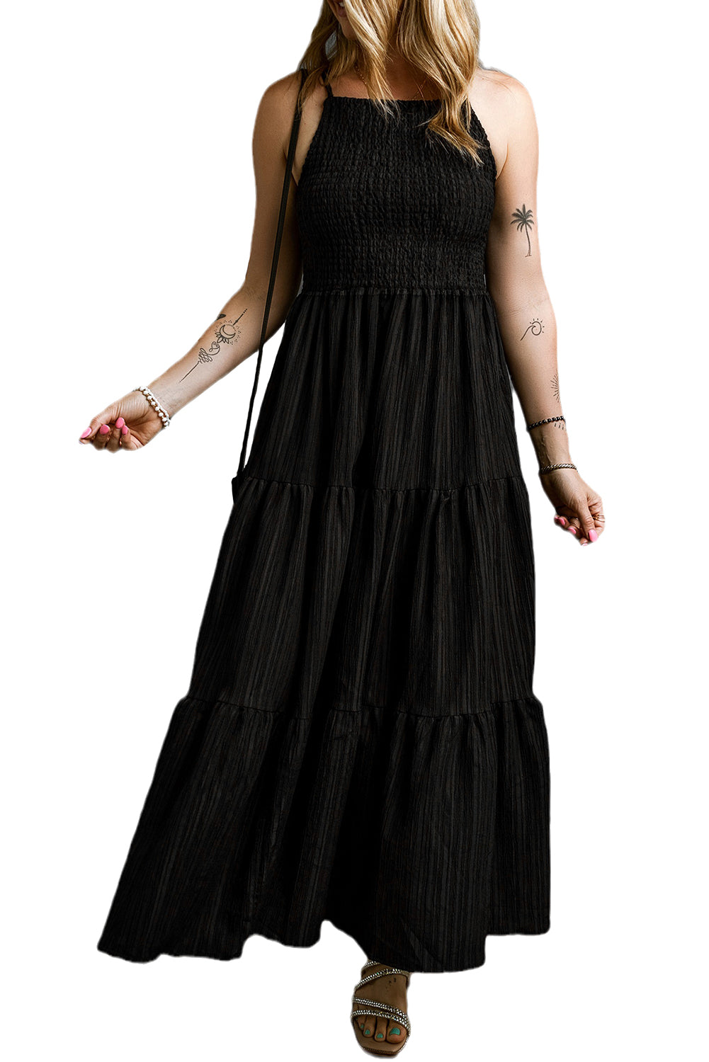 Black Spaghetti Straps Smocked Pleated Tiered Maxi Dress-Dresses/Maxi Dresses-[Adult]-[Female]-2022 Online Blue Zone Planet