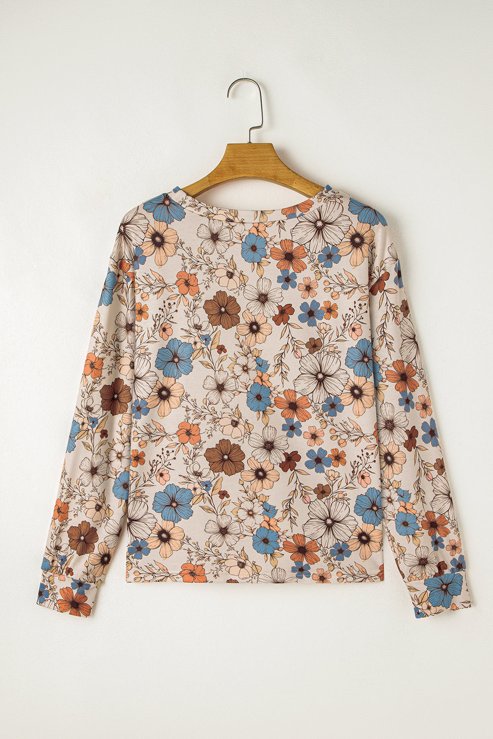 Blue Zone Planet | Khaki Floral Print Loose Crew Neck Long Sleeve T Shirt-Tops/Long Sleeve Tops-[Adult]-[Female]-2022 Online Blue Zone Planet