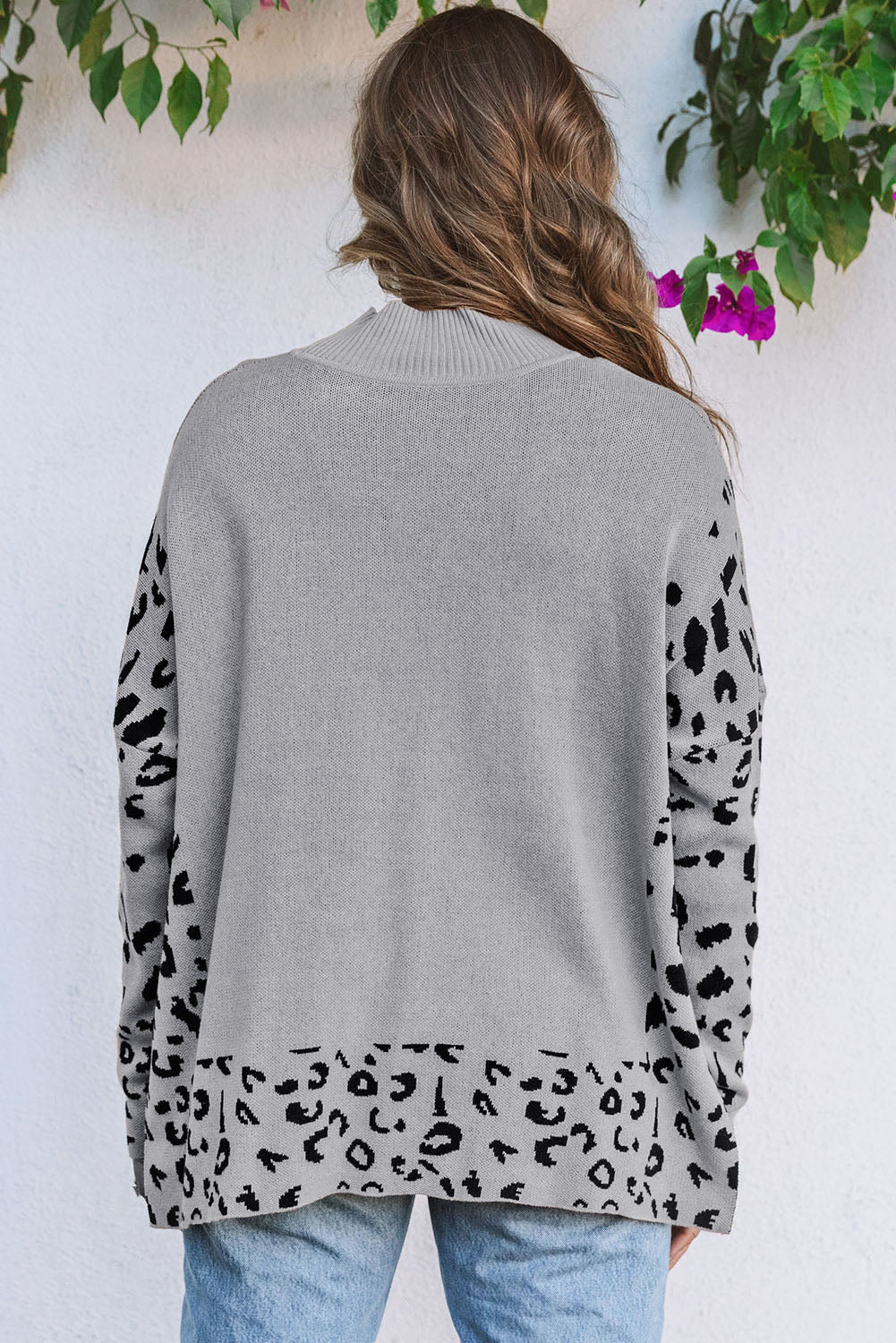 Gray Leopard High Neck Side Slit Oversized Sweater-Sweaters & Cardigans/Sweaters-[Adult]-[Female]-2022 Online Blue Zone Planet