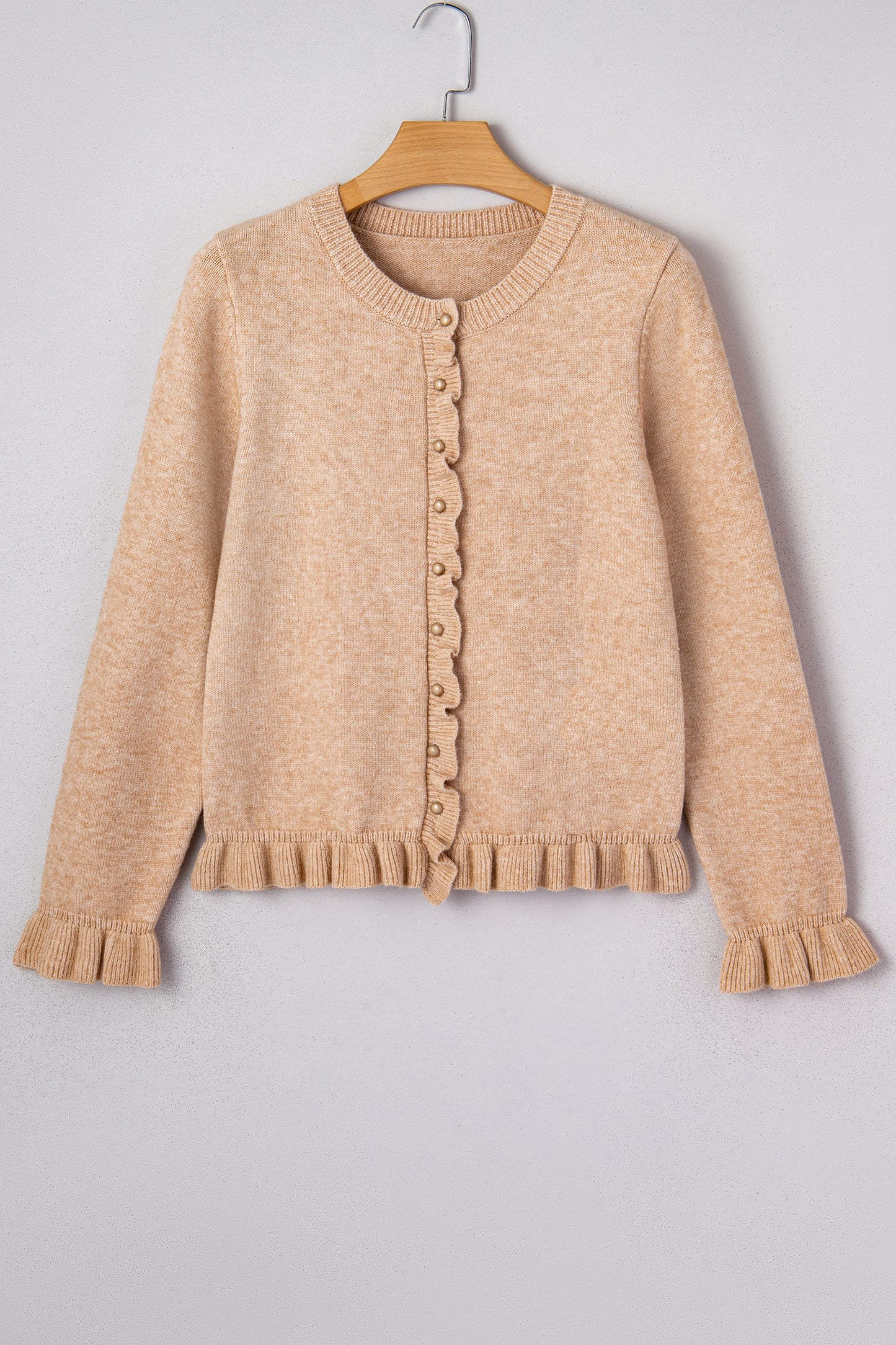 Oatmeal Ruffle Trim Gold Button Sweater Cardigan-Sweaters & Cardigans/Cardigans-[Adult]-[Female]-2022 Online Blue Zone Planet