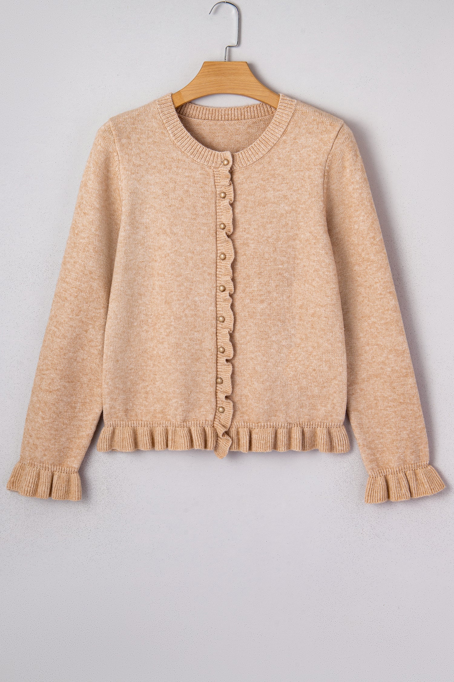 Oatmeal Ruffle Trim Gold Button Sweater Cardigan-Sweaters & Cardigans/Cardigans-[Adult]-[Female]-2022 Online Blue Zone Planet
