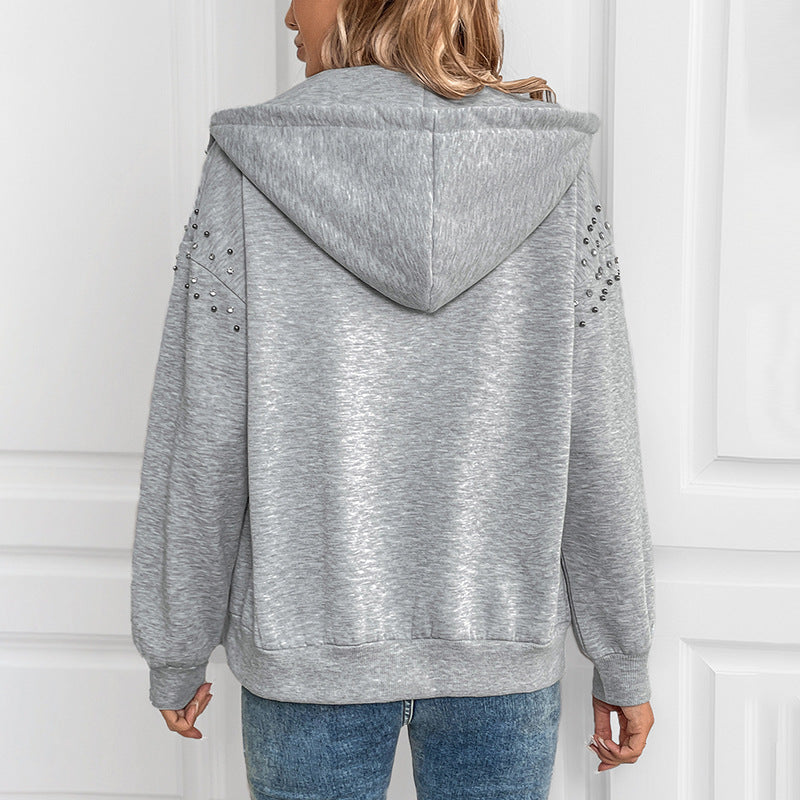 Perfee Rhinestone Zip Up Long Sleeve Hoodie-TOPS / DRESSES-[Adult]-[Female]-2022 Online Blue Zone Planet