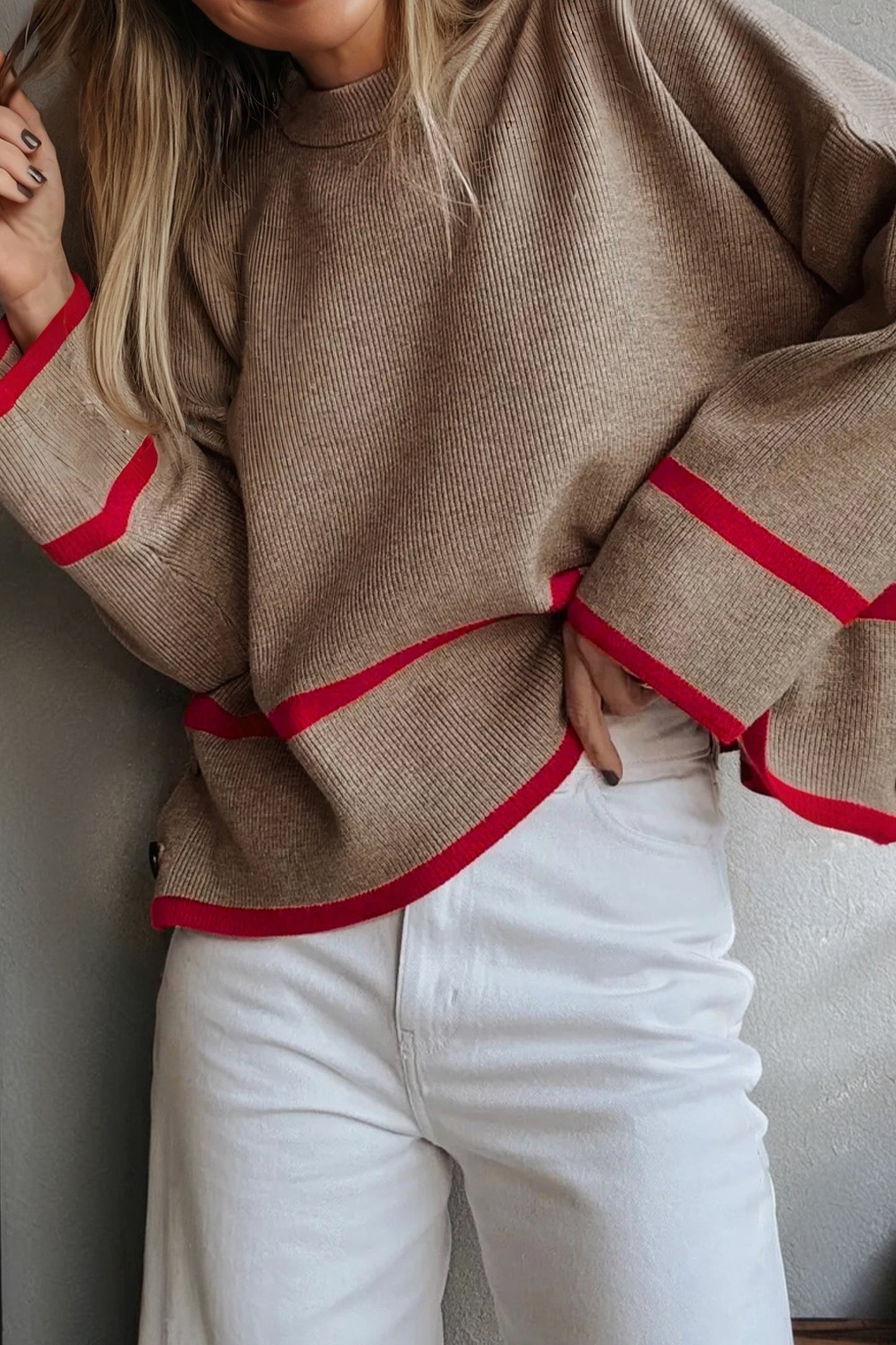 Simply Taupe Ribbed Knit Contrasted Stripe Detail Button Side Loose Sweater-TOPS / DRESSES-[Adult]-[Female]-2022 Online Blue Zone Planet