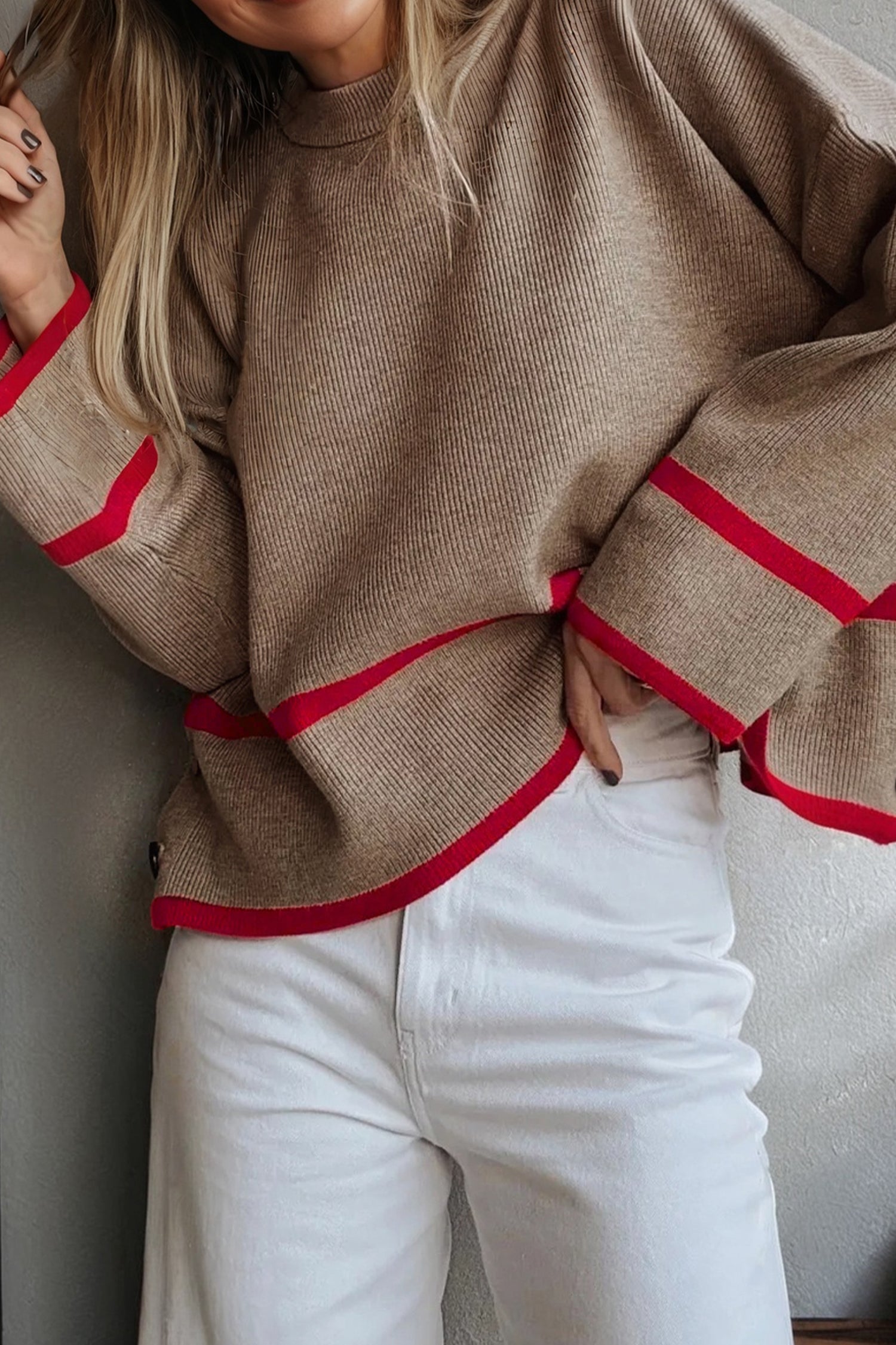 Simply Taupe Ribbed Knit Contrasted Stripe Detail Button Side Loose Sweater-TOPS / DRESSES-[Adult]-[Female]-2022 Online Blue Zone Planet