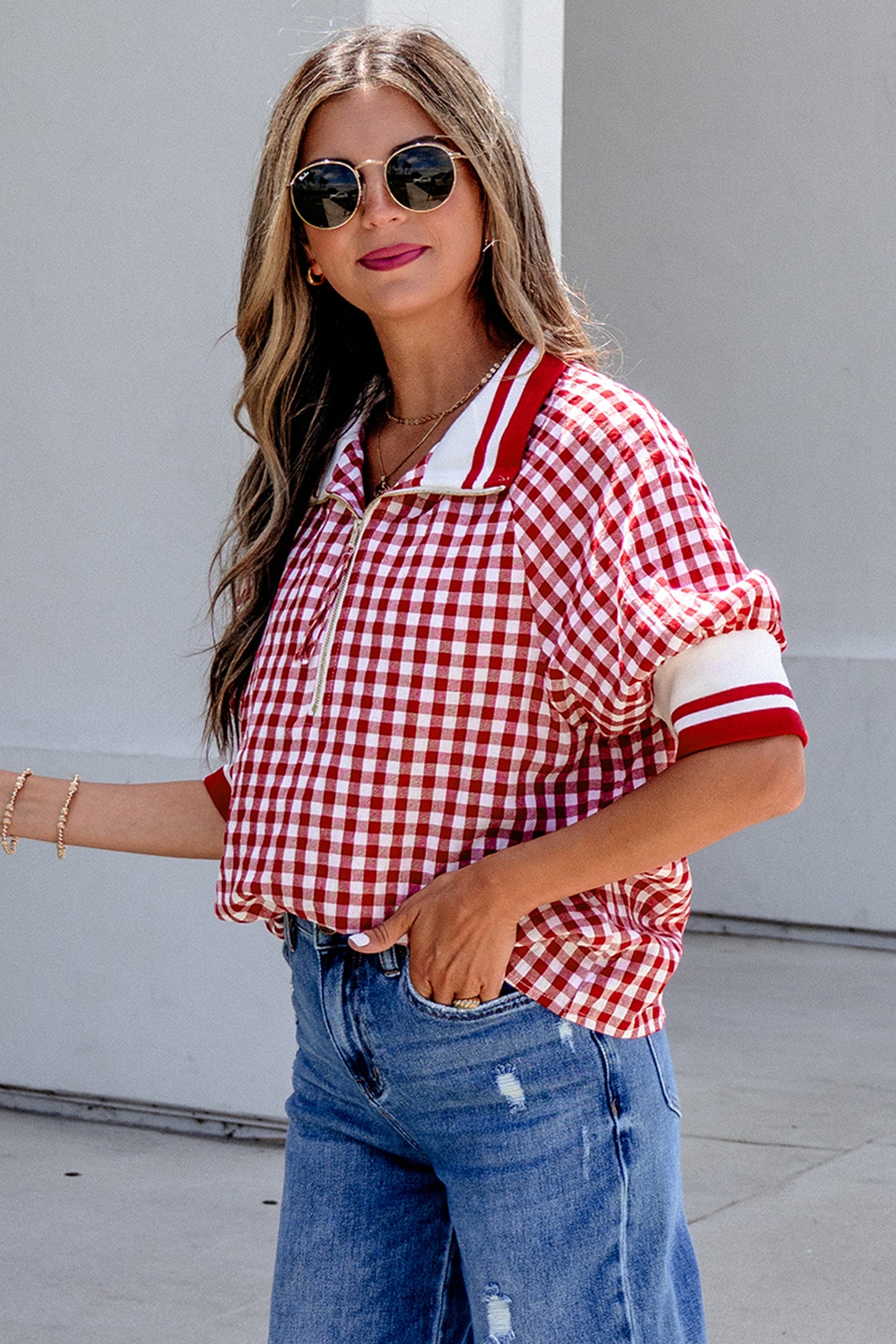 Red Gingham Striped Patchwork Half Zip Blouse-Tops/Blouses & Shirts-[Adult]-[Female]-2022 Online Blue Zone Planet