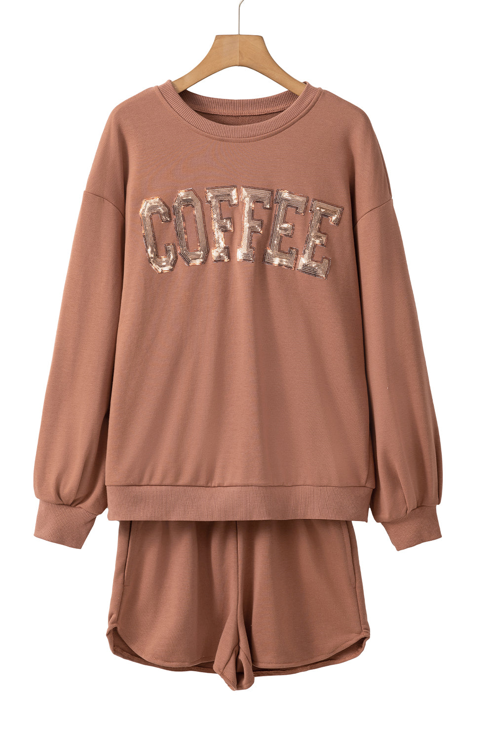 Straw Yellow Sequins COFFEE Loose Fit Sweatshirt and Shorts Set-Two Piece Shorts Sets-[Adult]-[Female]-2022 Online Blue Zone Planet