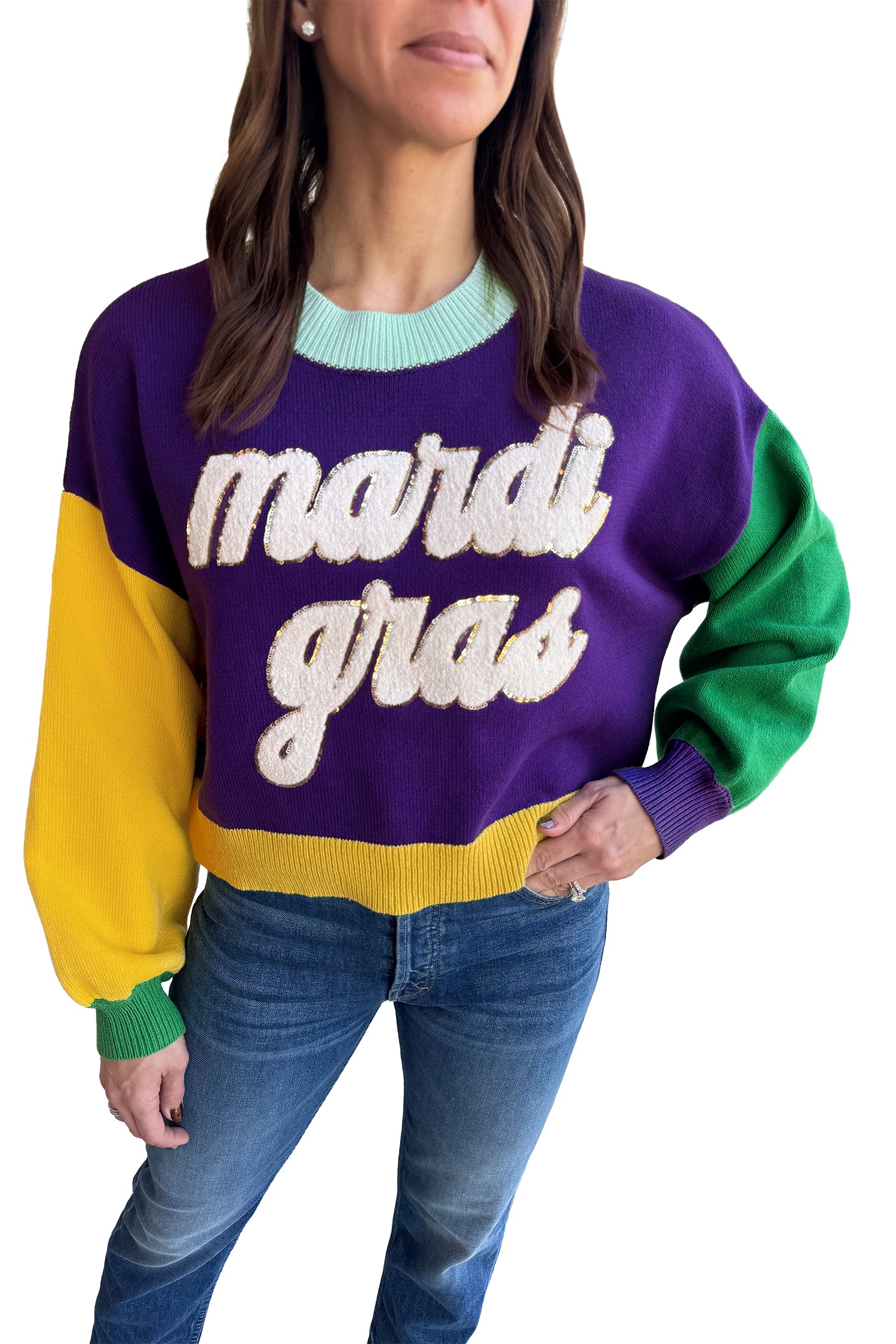 Tillandsia Purple Colorblock Patchwork Fuzzy Mardi Gras Graphic Sweater-TOPS / DRESSES-[Adult]-[Female]-2022 Online Blue Zone Planet