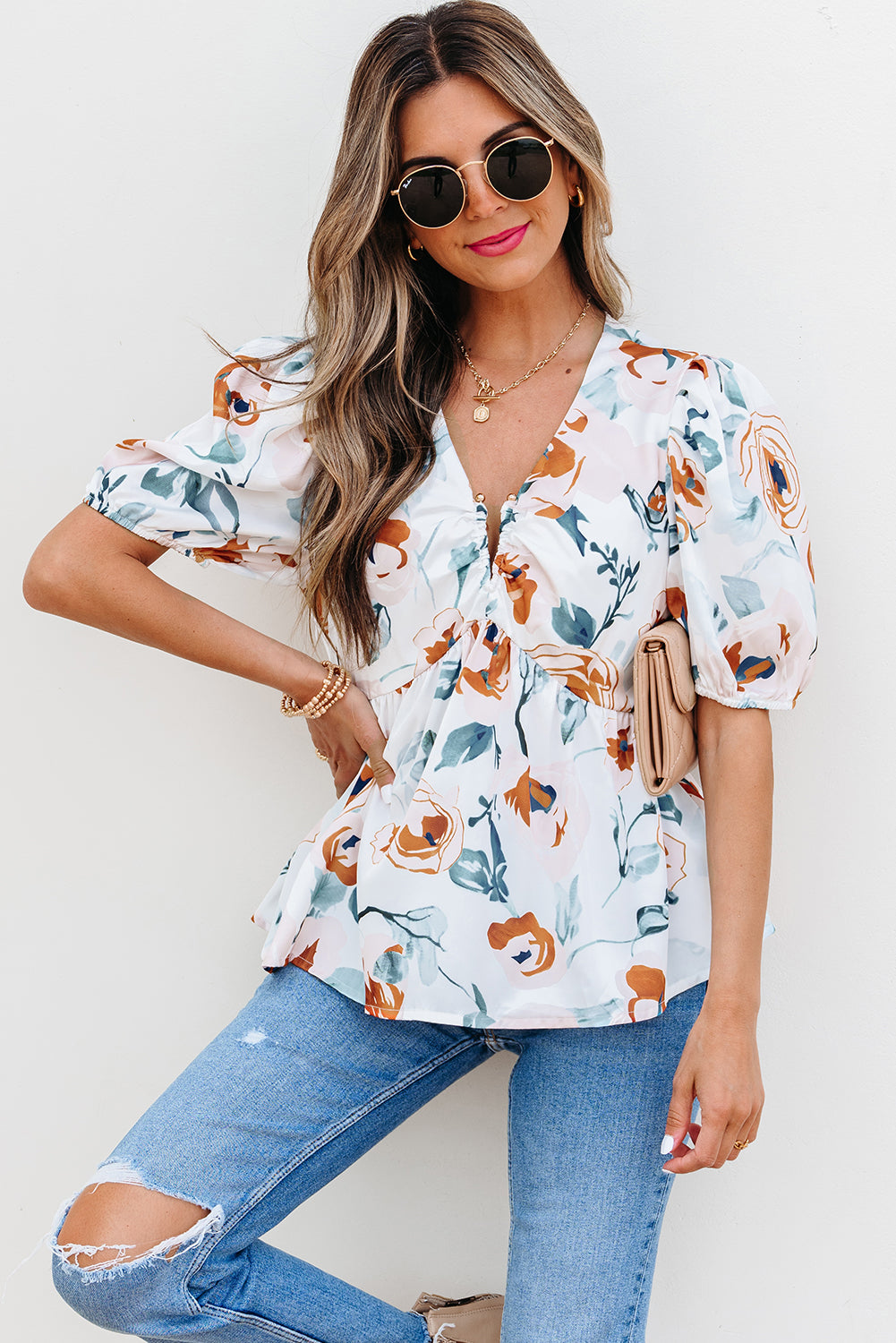 Green Floral Print Puff Sleeve V Neck Babydoll Blouse-Tops/Blouses & Shirts-[Adult]-[Female]-2022 Online Blue Zone Planet