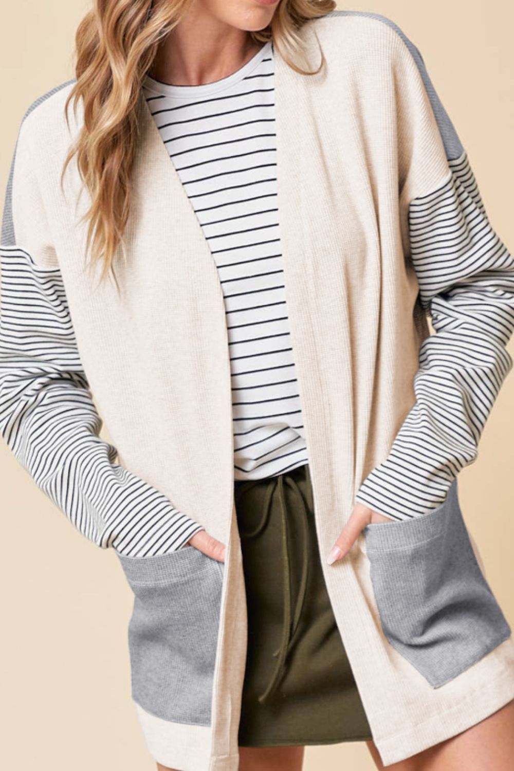 Blue Zone Planet | Open Front Long Sleeve Striped Cardigan with Pockets-TOPS / DRESSES-[Adult]-[Female]-Light Gray-S-2022 Online Blue Zone Planet