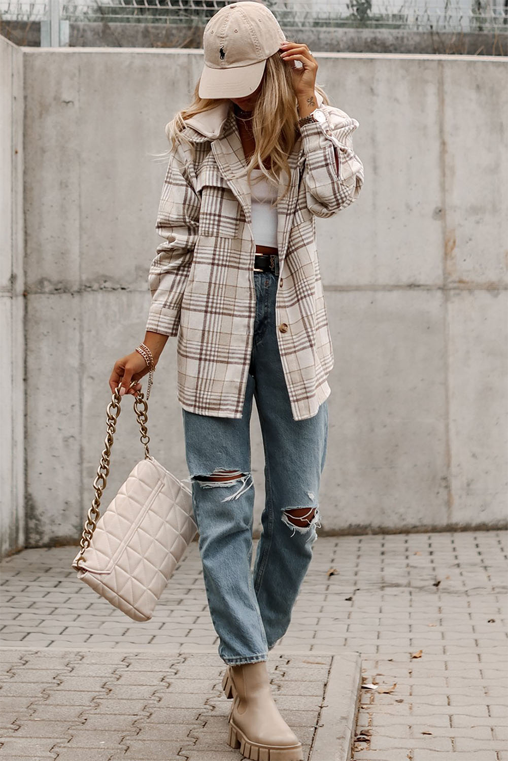 Khaki Plaid Removable Hood Buttoned Shacket-Outerwear/Plaid Shackets-[Adult]-[Female]-2022 Online Blue Zone Planet