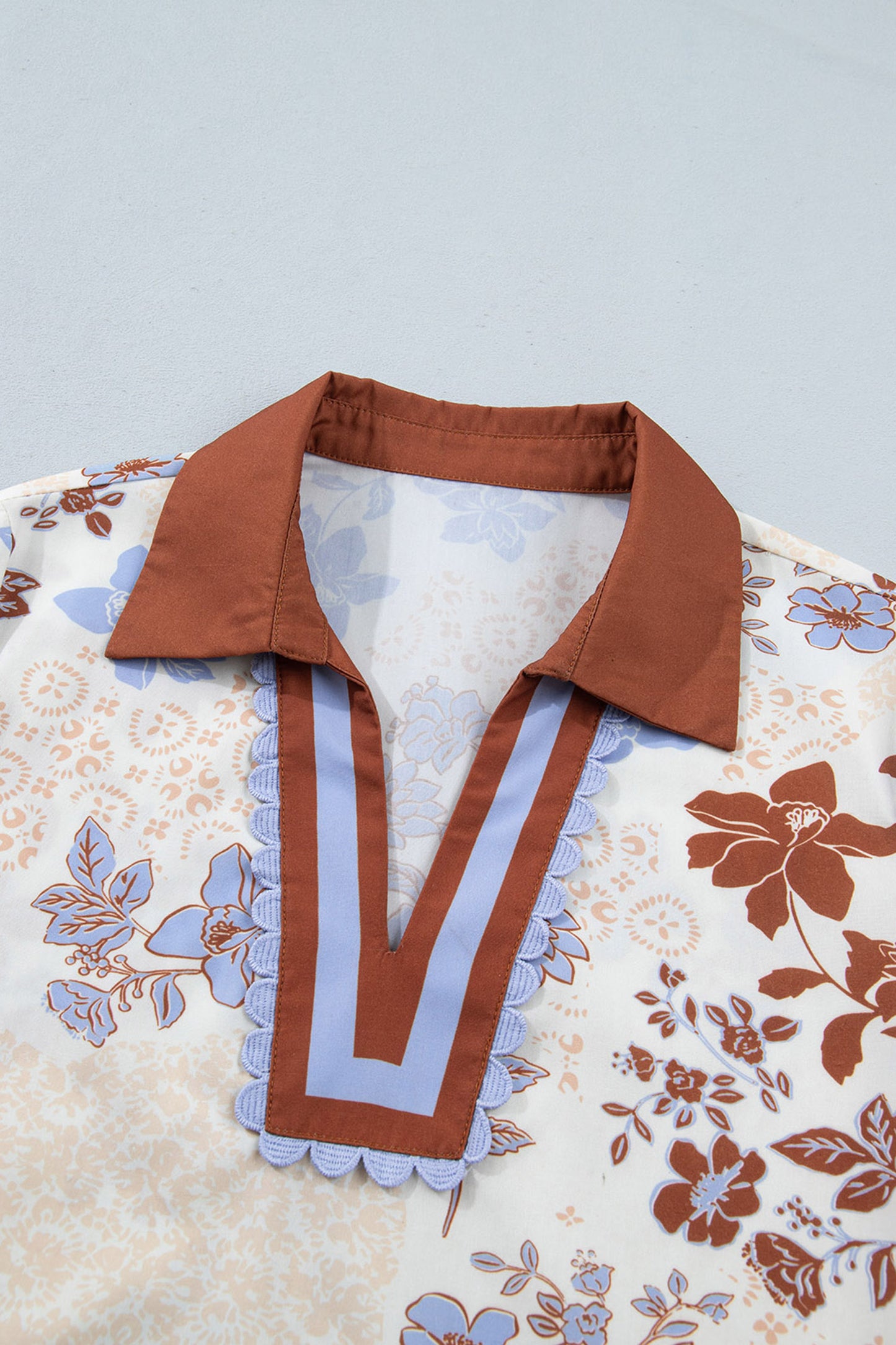 White Floral Print Colorblock V Neck Long Sleeve Blouse