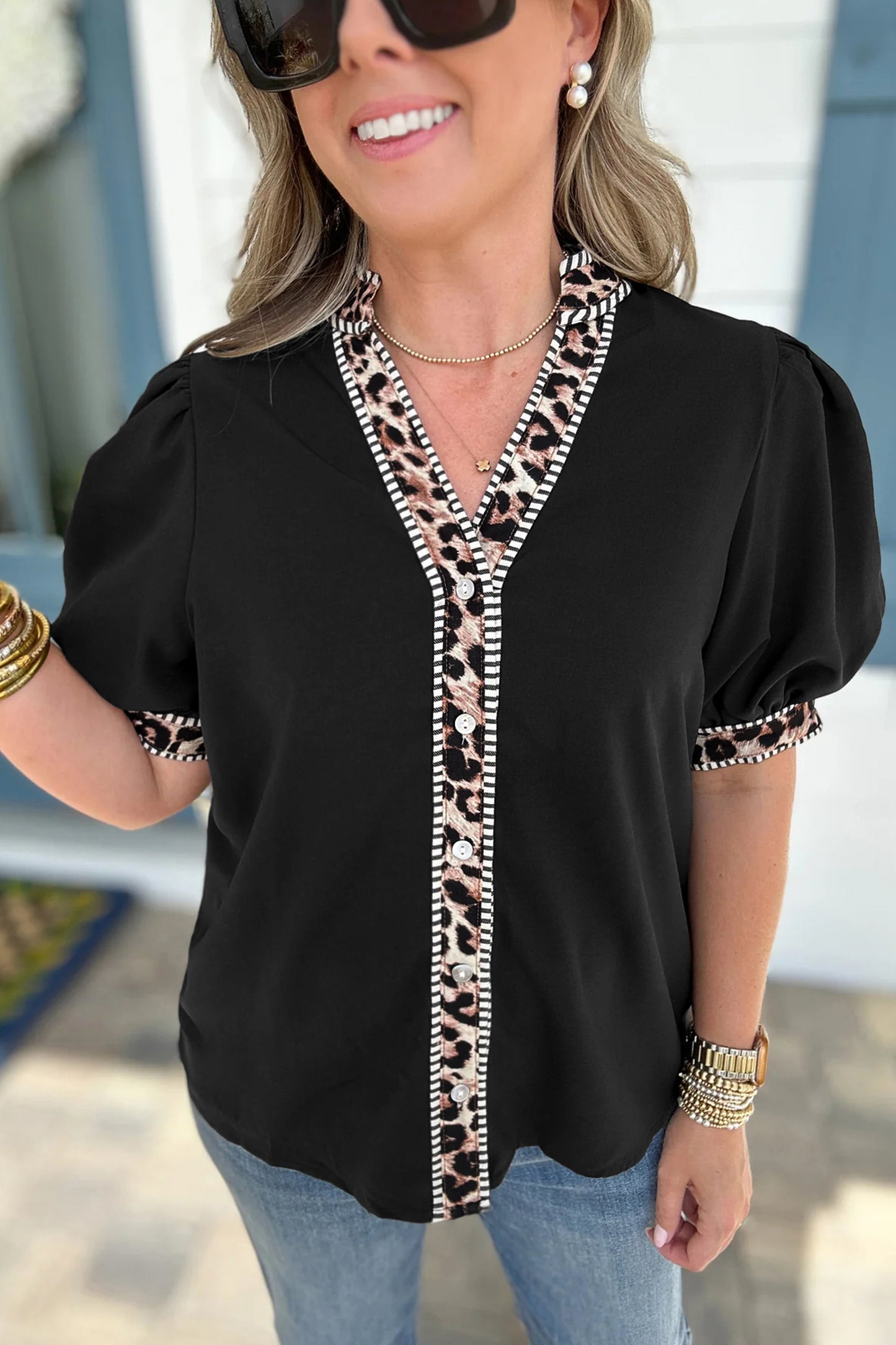 Black V Neck Short Puff Sleeve Contrast Striped Leopard Trim Button Down Shirt-Tops/Blouses & Shirts-[Adult]-[Female]-2022 Online Blue Zone Planet