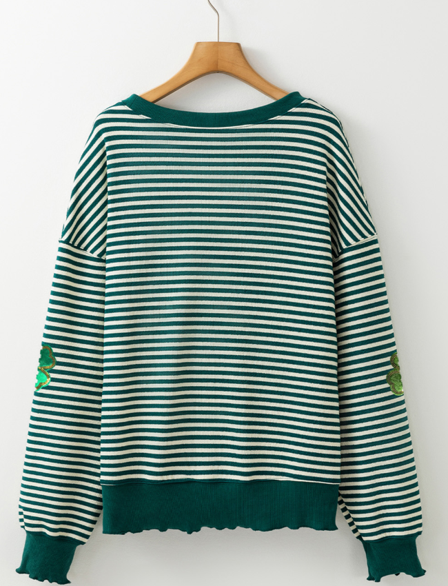 Stripe Lucky Clover Drop Shoulder Sweatshirt-TOPS / DRESSES-[Adult]-[Female]-2022 Online Blue Zone Planet