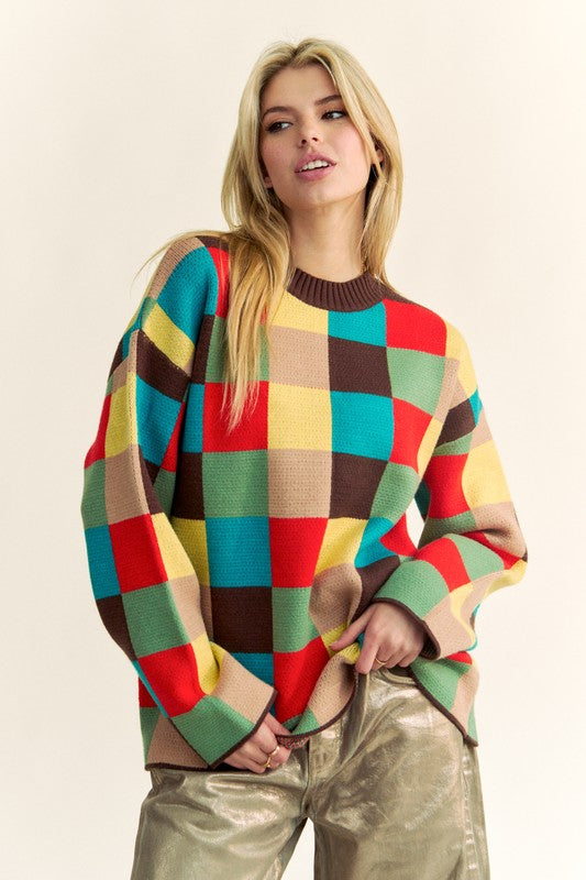 Davi & Dani Color Block Checkered Dropped Shoulder Sweater-TOPS / DRESSES-[Adult]-[Female]-2022 Online Blue Zone Planet