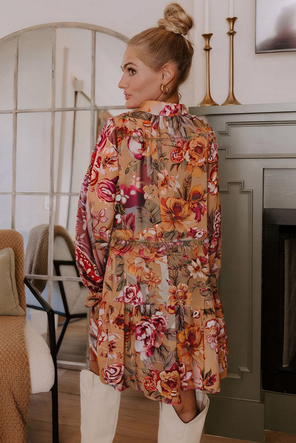 Brown Vintage Floral Print Shirt Style Half Button Long Sleeve Ruffle Mini Dress-Dresses/Floral Dresses-[Adult]-[Female]-2022 Online Blue Zone Planet