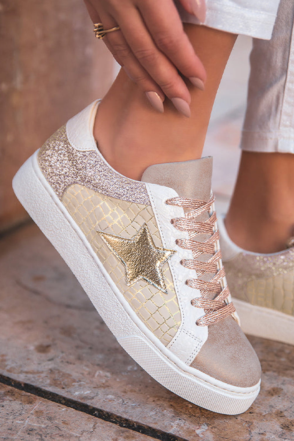 Gold Glitter Star Patchwork PU Leather Lace-up Sneakers-Shoes & Bags/Women's Shoes-[Adult]-[Female]-2022 Online Blue Zone Planet
