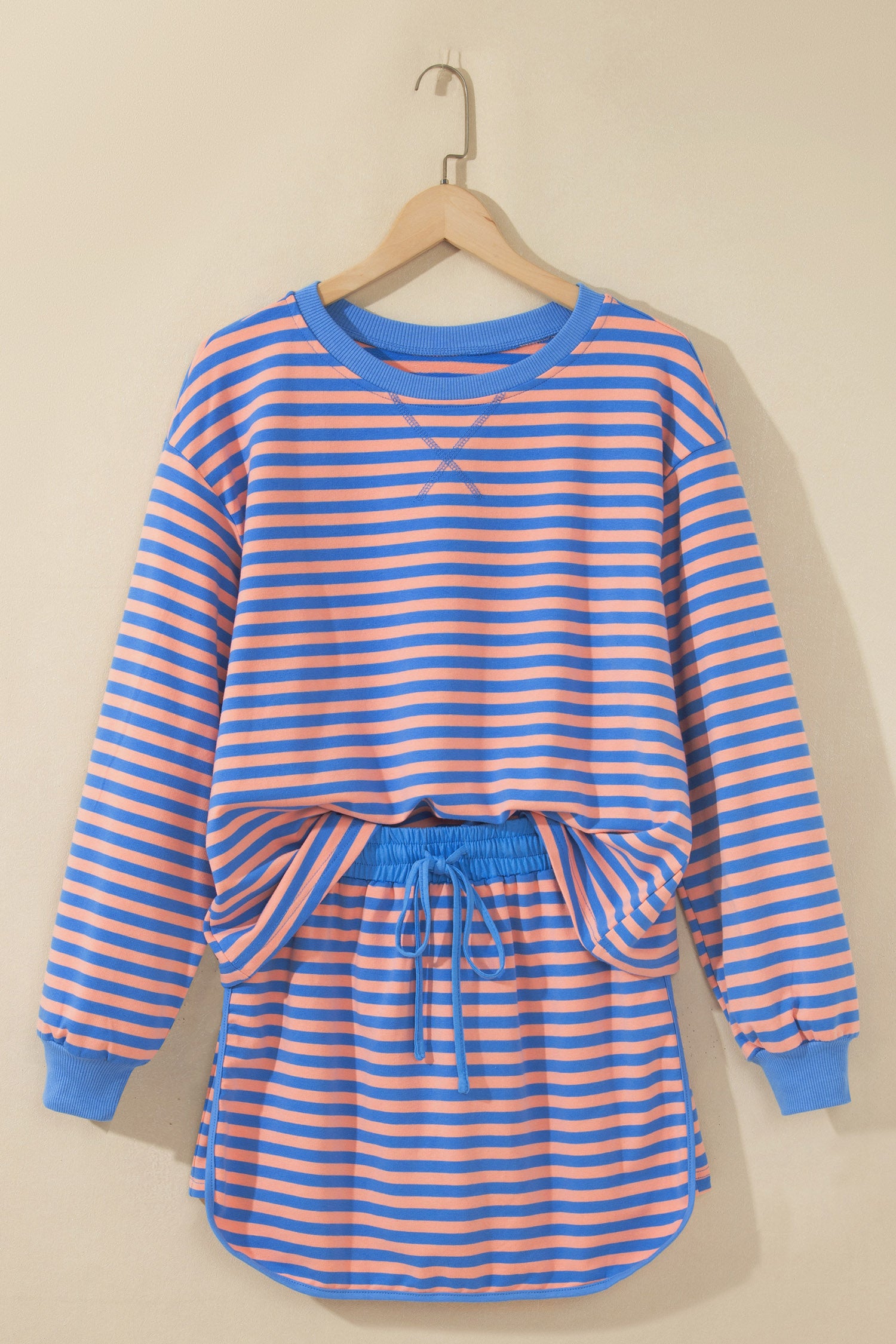 Blue Stripe Long Sleeve Relaxed Pullover Drawstring Mini Skort 2pcs Set-Two Piece Sets/Two Piece Dresses-[Adult]-[Female]-2022 Online Blue Zone Planet