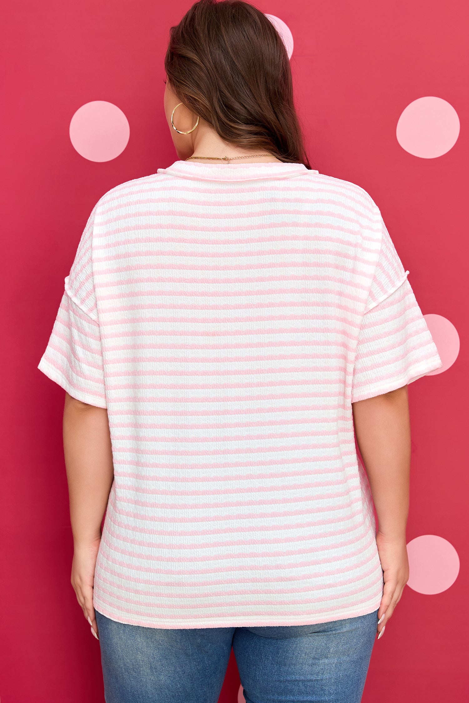 Pink Stripe Plus Size V Neck Exposed Seam Patchwork T Shirt-Plus Size/Plus Size Tops/Plus Size Tops & Tees-[Adult]-[Female]-2022 Online Blue Zone Planet