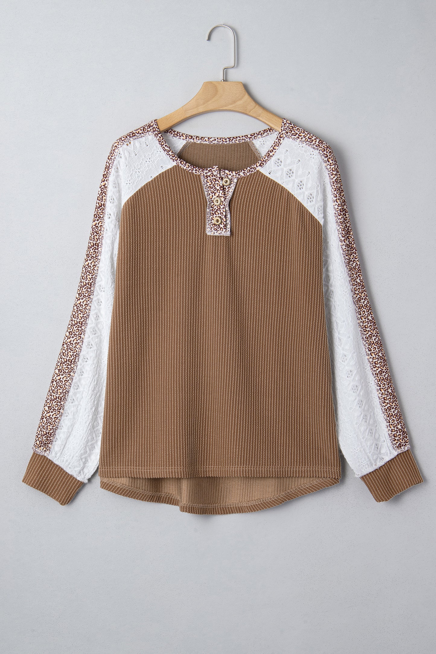 Dark Khaki Twisted Ribbed Leopard Lace Contrast Patchwork Long Sleeve Top-Tops/Long Sleeve Tops-[Adult]-[Female]-2022 Online Blue Zone Planet