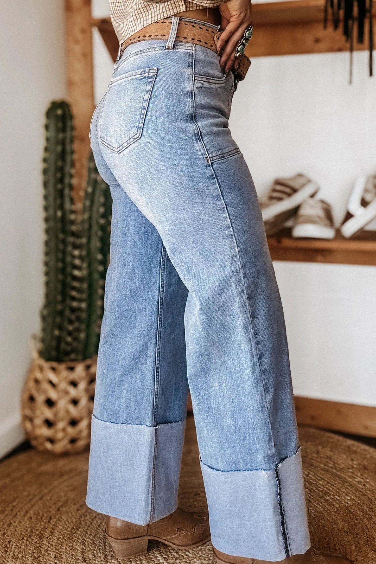 Beau Blue Turn-up Cuffs Womens Loose Jeans-Bottoms/Jeans-[Adult]-[Female]-2022 Online Blue Zone Planet