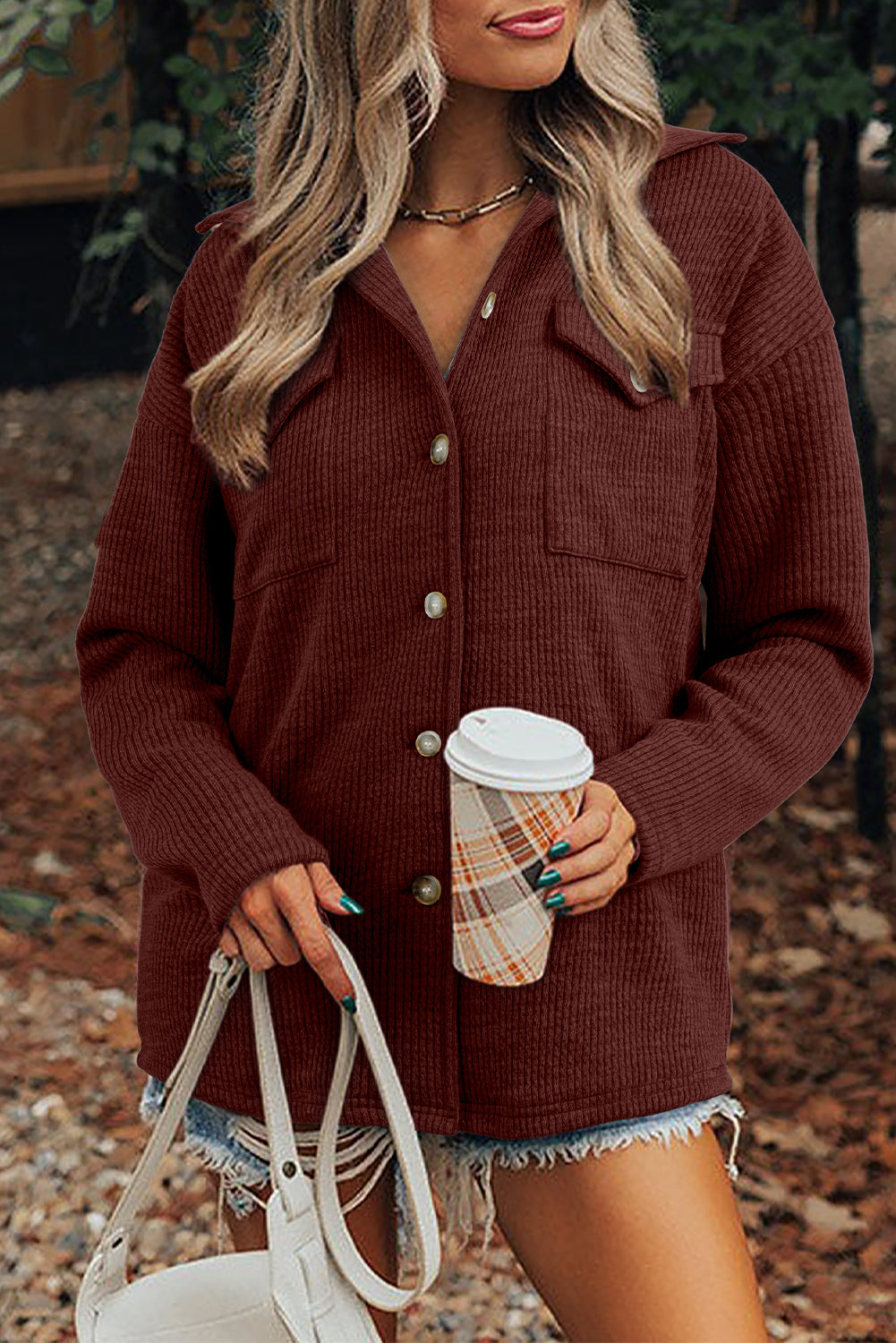 Red Sandalwood Ribbed Knit Buttons Front Flap Pocket Casual Shacket-Outerwear/Jackets-[Adult]-[Female]-Red Sandalwood-S-2022 Online Blue Zone Planet