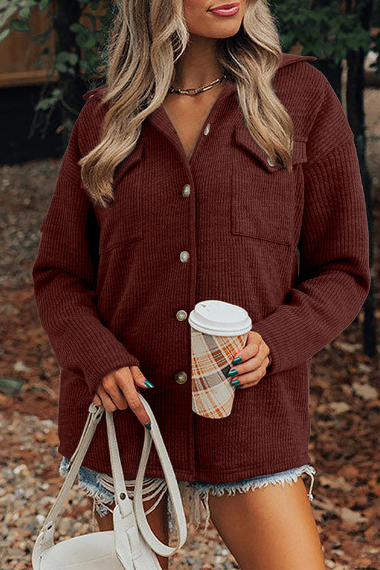 Red Sandalwood Ribbed Knit Buttons Front Flap Pocket Casual Shacket-Outerwear/Jackets-[Adult]-[Female]-Red Sandalwood-S-2022 Online Blue Zone Planet