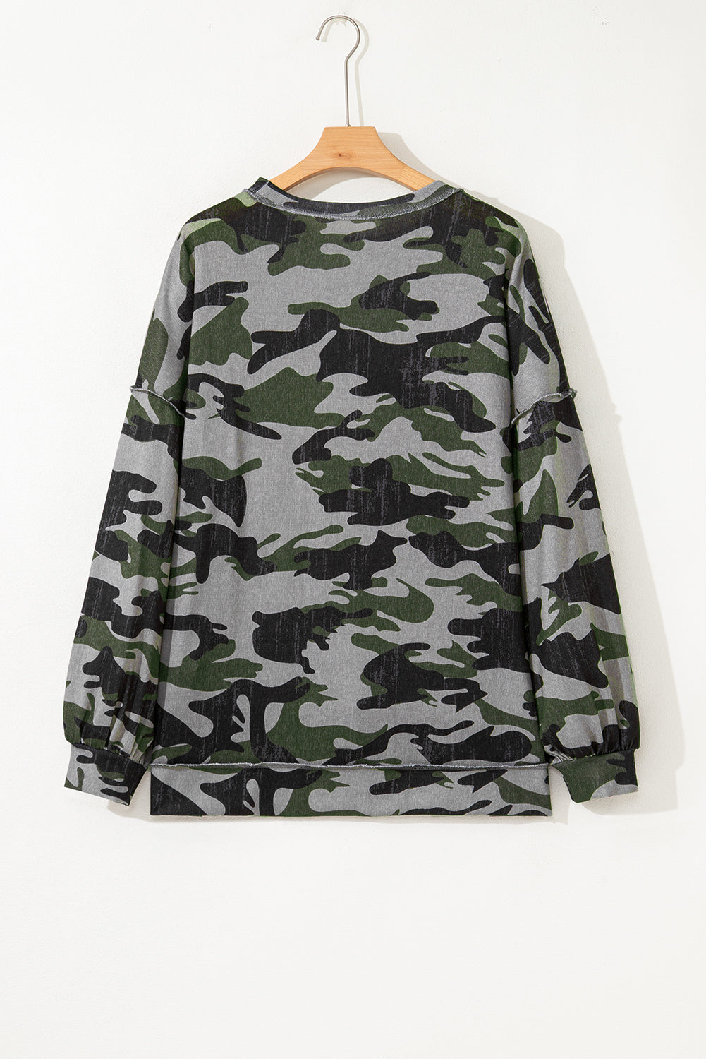 Green Retro Camouflage Print Exposed Seam Patchwork Drop Shoulder Sweatshirt-Tops/Sweatshirts & Hoodies-[Adult]-[Female]-2022 Online Blue Zone Planet