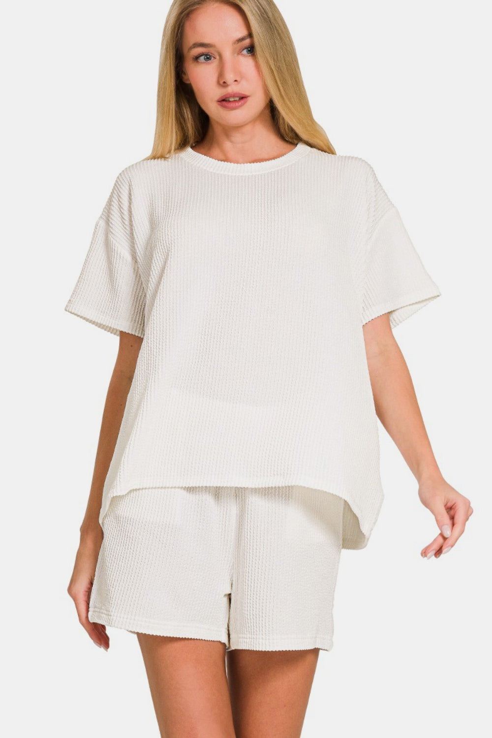 Zenana Rib Short Sleeve T-Shirt and Shorts Set-TOPS / DRESSES-[Adult]-[Female]-Off White-S-2022 Online Blue Zone Planet