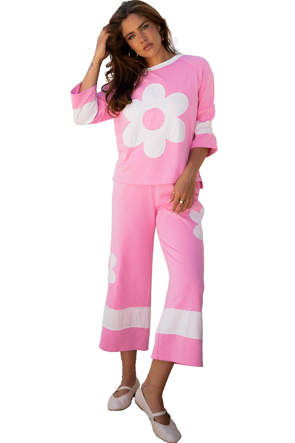 Orchid Bouquet Big Flower Patched Raw Seam Color Block 2 Piece Loose Pant Set-Two Piece Sets/Pant Sets-[Adult]-[Female]-2022 Online Blue Zone Planet