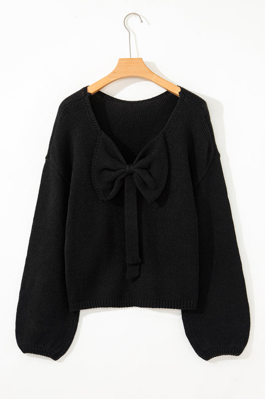 Black Festive Bow Backless Bubble Sleeve Sweater-TOPS / DRESSES-[Adult]-[Female]-2022 Online Blue Zone Planet