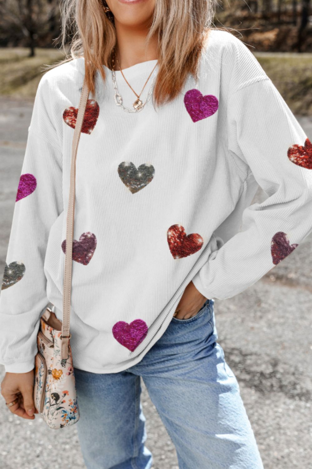 Blue Zone Planet | Valentine’s Day Sequin Heart Round Neck Long Sleeve Sweatshirt-TOPS / DRESSES-[Adult]-[Female]-2022 Online Blue Zone Planet