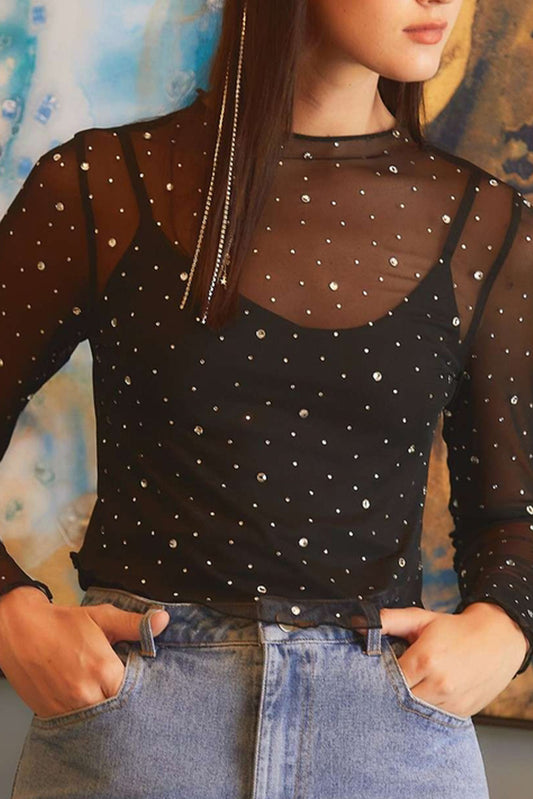 Black Rhinestone Sheer Mesh Slim Fit Long Sleeve Top-Tops/Long Sleeve Tops-[Adult]-[Female]-Black-S-2022 Online Blue Zone Planet