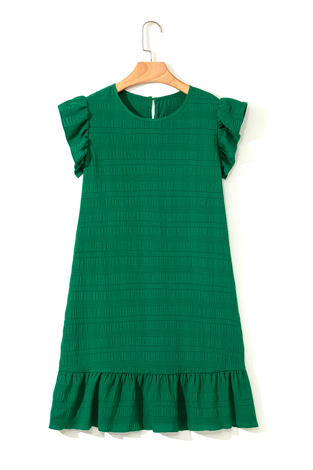 Dark Green Textured Flutter Sleeve Ruffled Mini Dress-TOPS / DRESSES-[Adult]-[Female]-2022 Online Blue Zone Planet