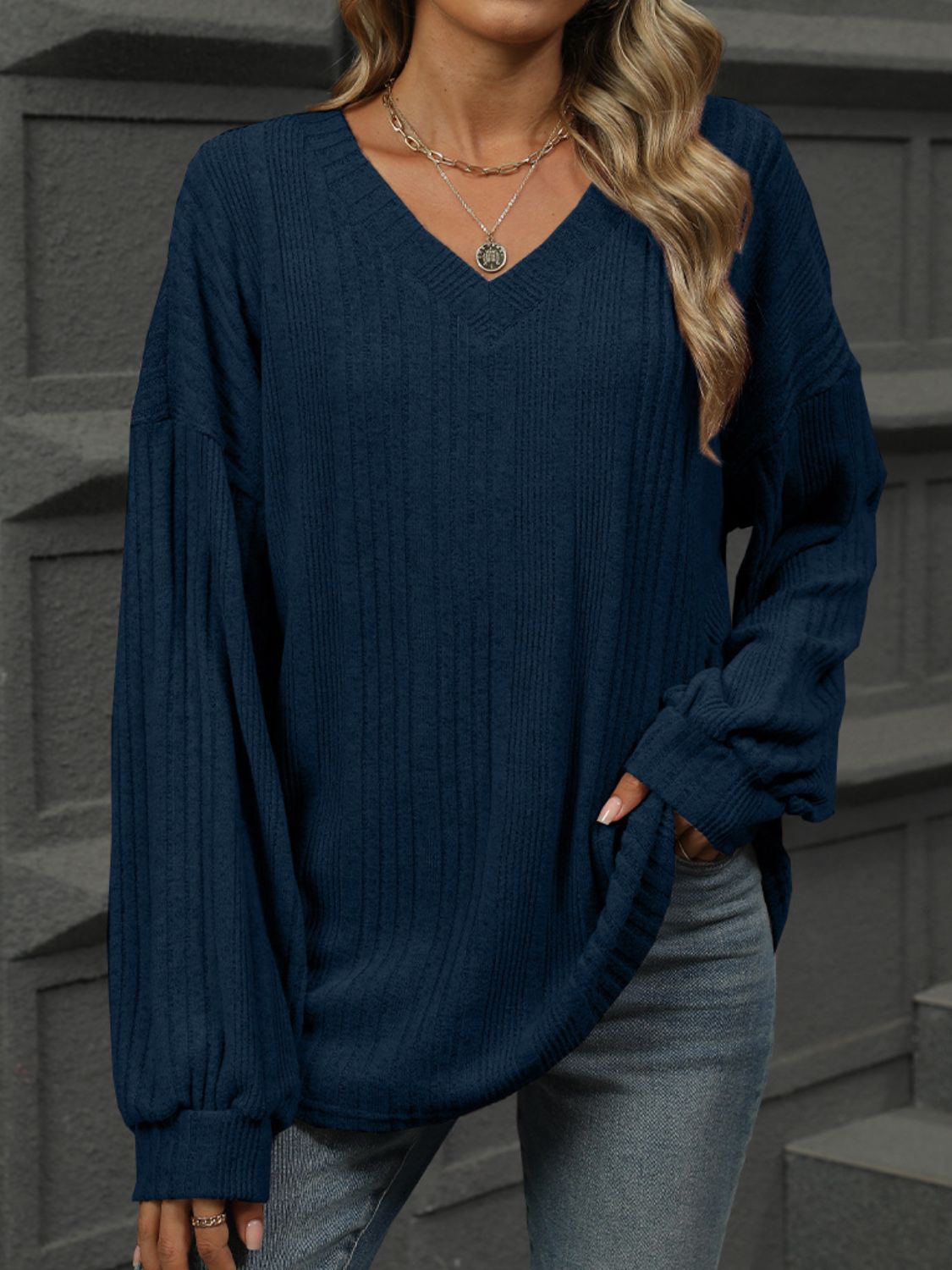 Blue Zone Planet | V-Neck Long Sleeve T-Shirt-TOPS / DRESSES-[Adult]-[Female]-2022 Online Blue Zone Planet