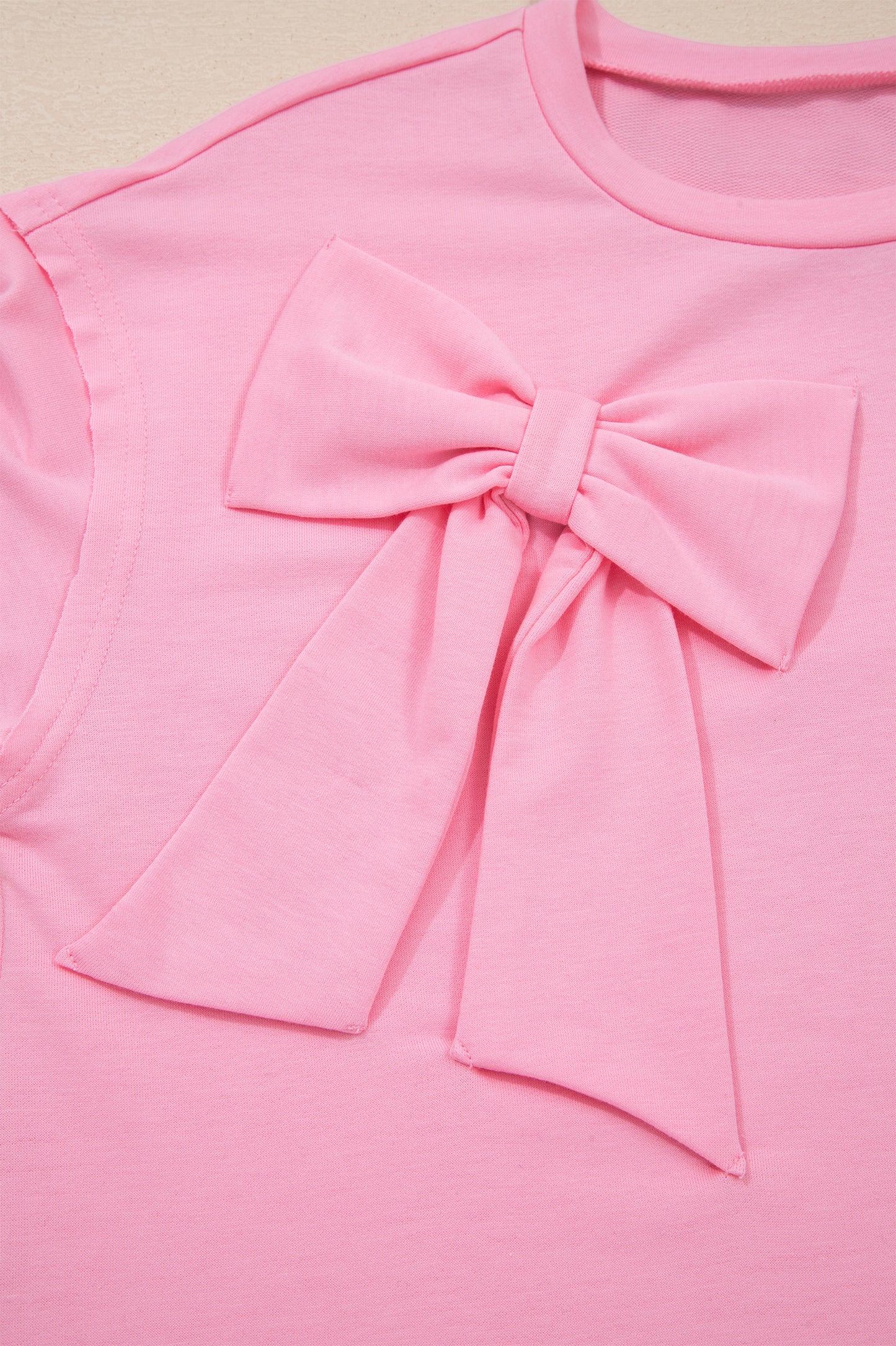 Pink Solid Color Raw Edge Bow Patch Loose T Shirt-Tops/Tops & Tees-[Adult]-[Female]-2022 Online Blue Zone Planet