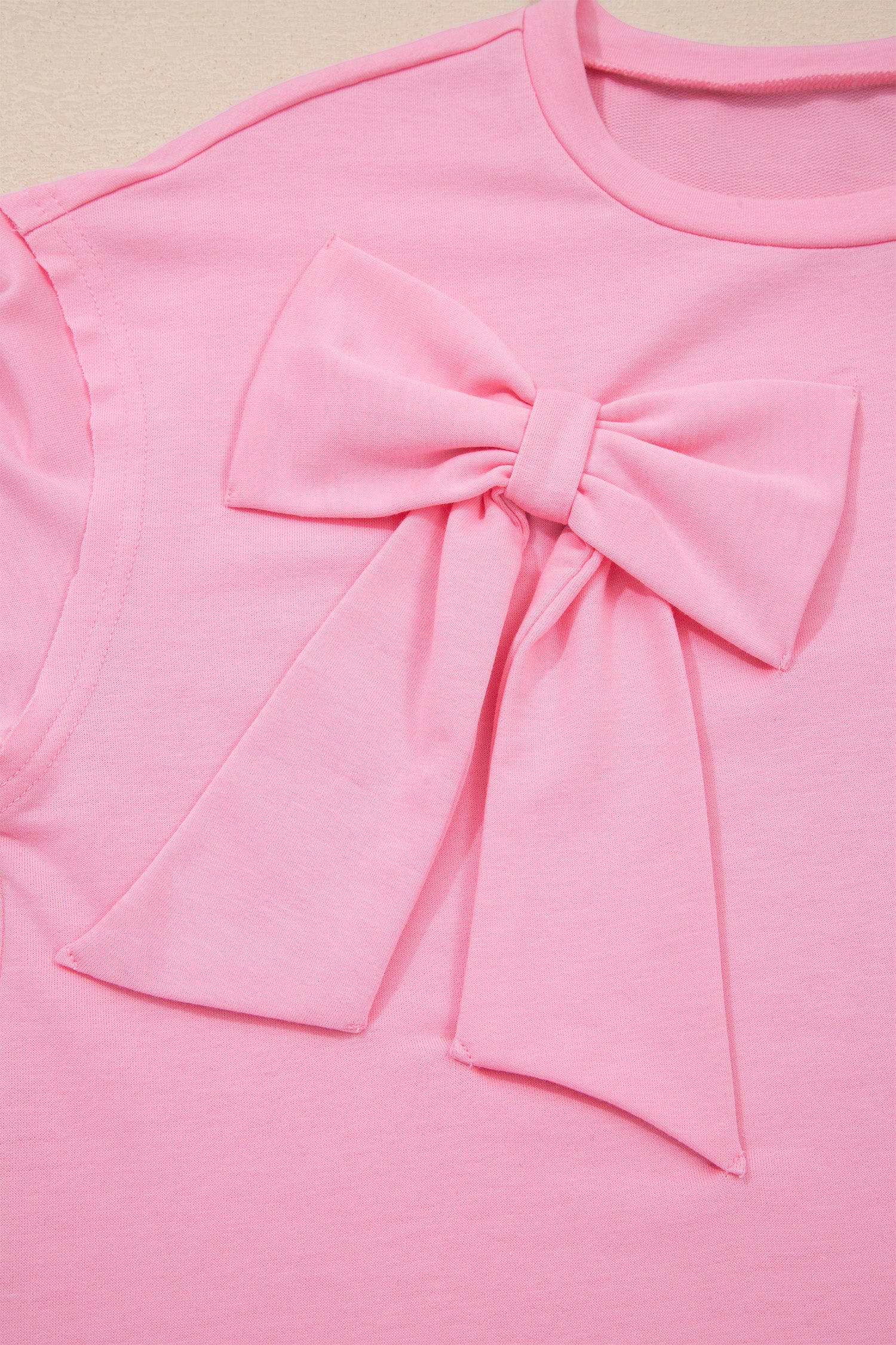 Pink Solid Color Raw Edge Bow Patch Loose T Shirt-Tops/Tops & Tees-[Adult]-[Female]-2022 Online Blue Zone Planet
