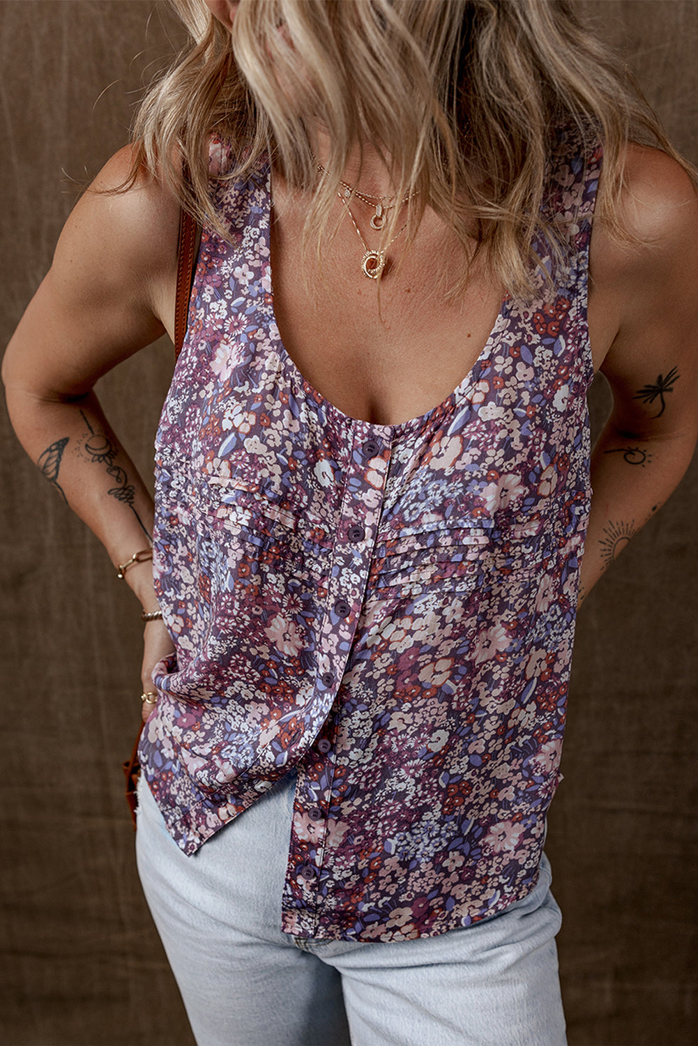 Yellow Boho Floral Pleated Buttoned Front Tank Top-Tops/Tank Tops-[Adult]-[Female]-2022 Online Blue Zone Planet