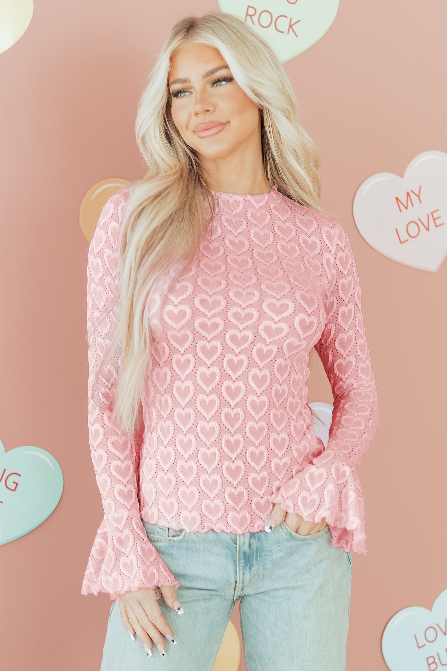 Gossamer Pink Heart Jacquard Flare Sleeve Mock Neck Fitted Top-Tops/Long Sleeve Tops-[Adult]-[Female]-2022 Online Blue Zone Planet